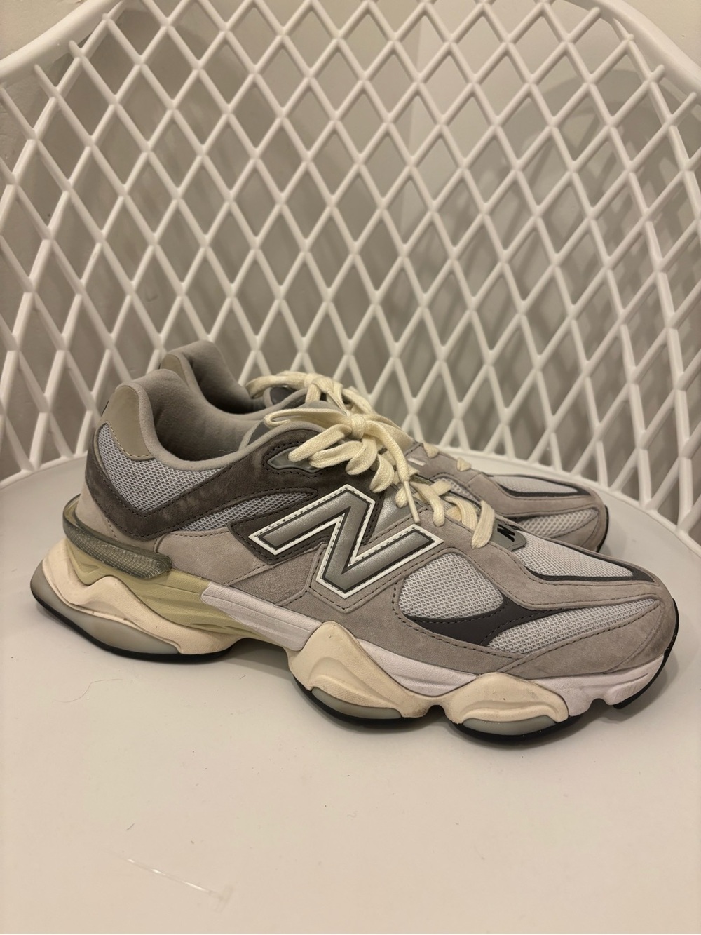 New Balance Grey and Cream Mesh Suede Sneakers